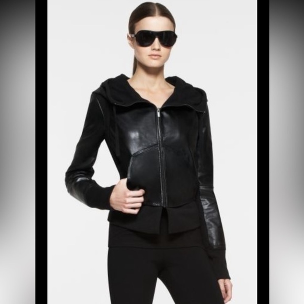 BCBGMAXAZRIA Black Leather Oakley Hooded Jacket